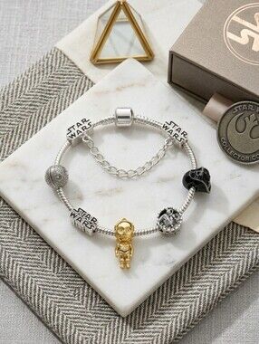 Star Wars Pandora Style Charm Bracelet C3PO Darth Vader Silver Tone